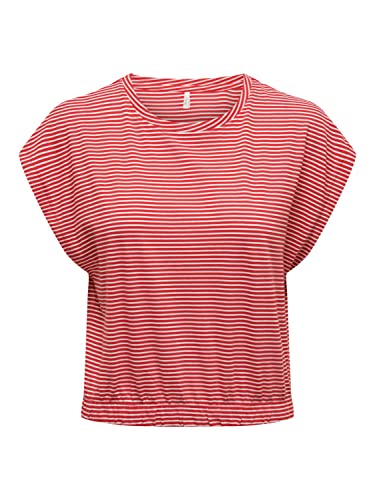ONLY Damen Onlmay S/S Cropped Box JRS Top, High Risk Red/Stripes:Cloud Dancer (Pollo), M EU von ONLY