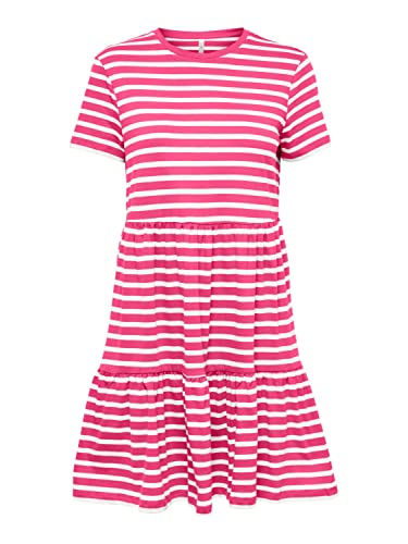 ONLY Women's ONLMAY S/S O-Neck Peplum Dress Box JRS Kleid, Shocking Pink/Stripes:Cloud Dancer (dina), M von ONLY