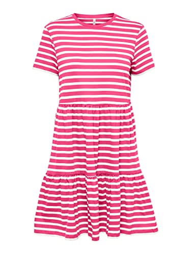 ONLY Damen Onlmay S/S O-Neck Peplum Dress Box JRS Kleid, Shocking Pink/Stripes:Cloud Dancer (Dina), S EU von ONLY