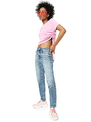 ONLY Damen Mom Jeans Straight | High Waist Denim Stretch Hose | Bleached Used Design ONLVENEDA, Farbe:Blau, Größe:S / 32L von ONLY