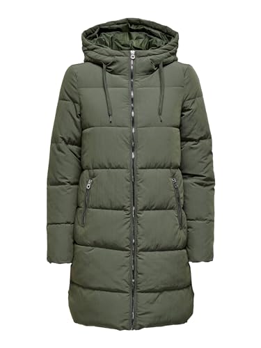 ONLY Damen Lange Puffer Jacke | Warmer Stepp Wintermantel mit Kapuze | Wattierter Blouson ONLDOLLY, Farben:Khaki, Größe:L von ONLY