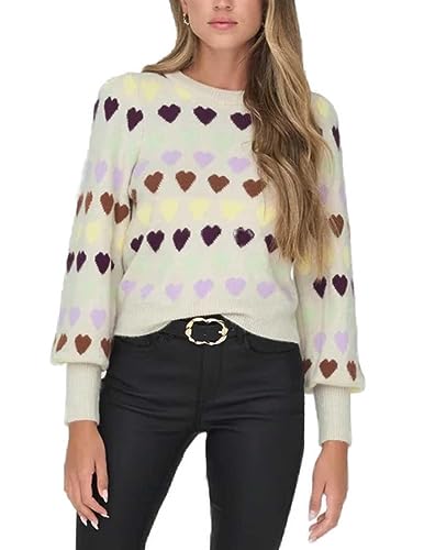 Only Damen Pullover Ballon Ärmel Beige Herzdruck, beige, S von ONLY