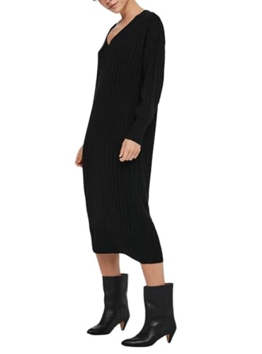 ONLY Damen Langarm Strickkleid Oversized | Loose Fit Midi Knit Dress | V-Neck Shirt Pullover Onlnew Tessa, Farben:Schwarz, Größe:M von ONLY