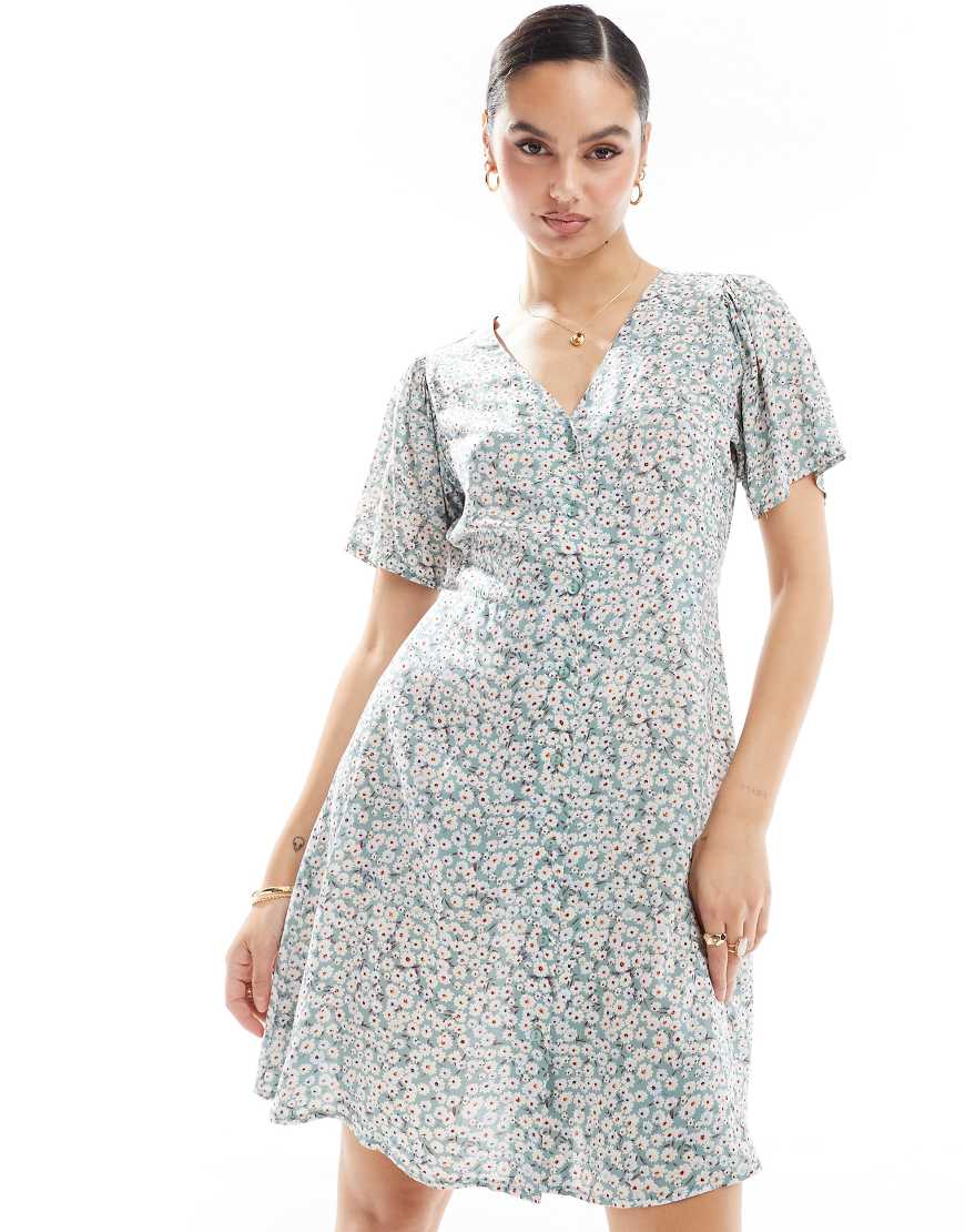 Only - Minikleid in Salbeigrün mit V-Ausschnitt, Bindegürtel und Blumenmuster von ONLY