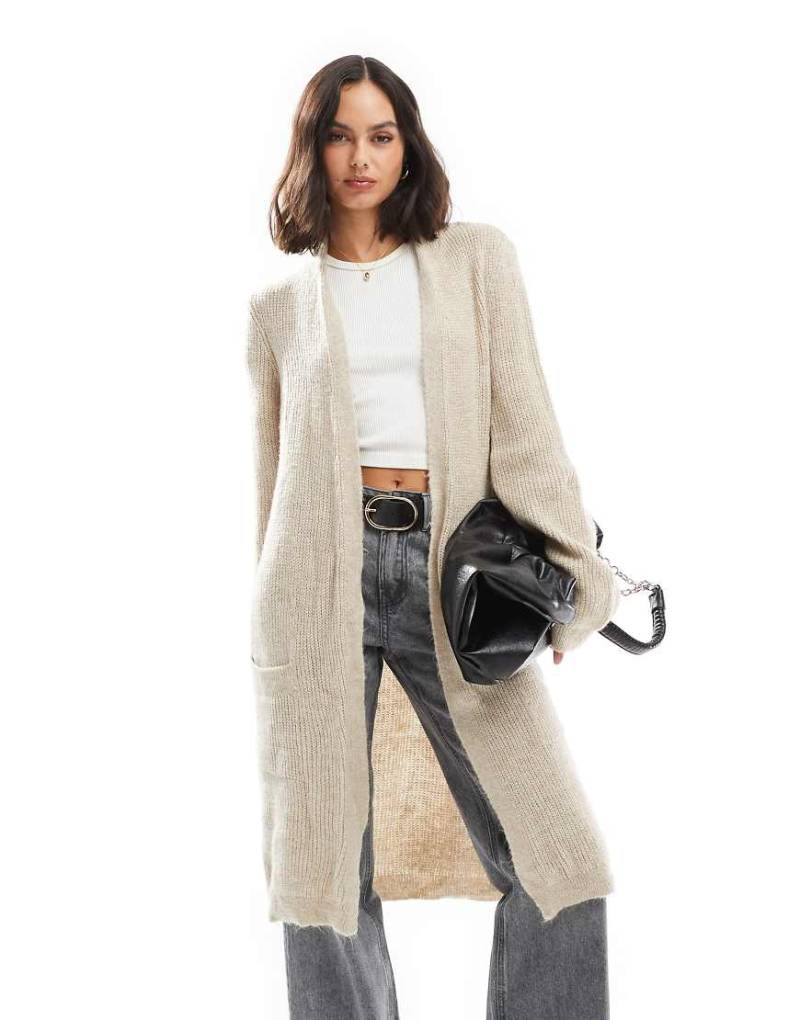 Only - Offene Longline-Strickjacke in Hellbeige-Weiß von ONLY