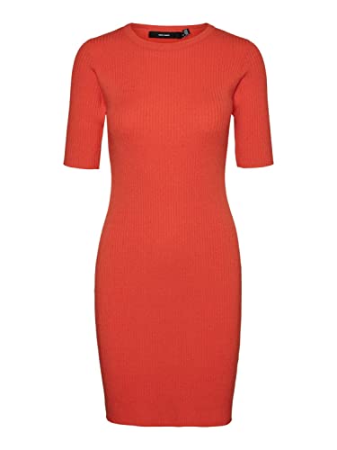 VERO Moda Damen Enges Stretch Kleid | Kurzes Mini Rundhals Dress | Elastisch Kurzarm Gerippt VMGOLD, Farben:Orange, Größe:L von ONLY