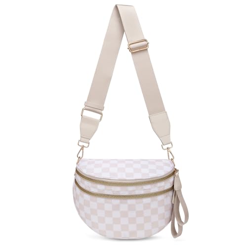 ONLYSIEM Karierte Crossbody-Tasche für Damen, groß, Nylon, Schachbrett-Bauchtasche, trendige Bauchtasche mit verstellbarem Riemen, Beige kariert von ONLYSIEM
