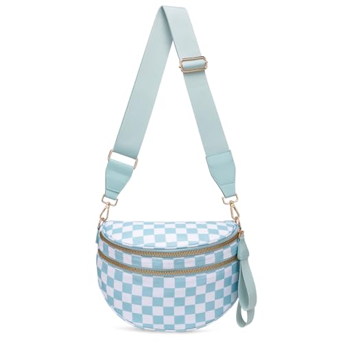 ONLYSIEM Karierte Crossbody-Tasche für Damen, groß, Nylon, Schachbrett-Bauchtasche, trendige Bauchtasche mit verstellbarem Riemen, Hellblau kariert von ONLYSIEM