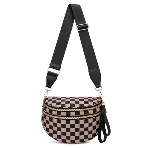 ONLYSIEM Karierte Crossbody-Tasche für Damen, groß, Nylon, Schachbrett-Bauchtasche, trendige Bauchtasche mit verstellbarem Riemen, Khaki, Schwarz, kariert von ONLYSIEM