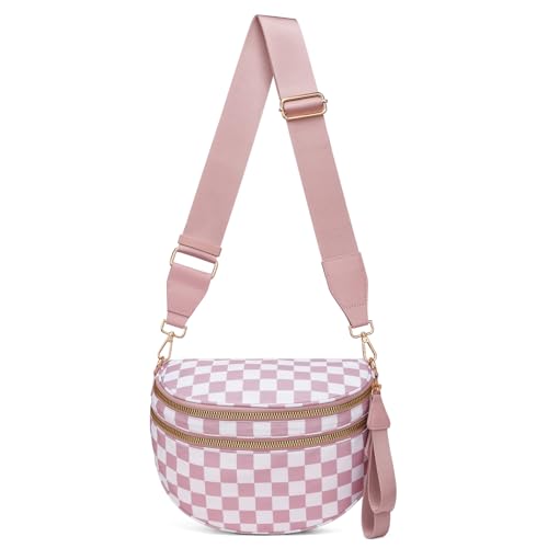 ONLYSIEM Karierte Crossbody-Tasche für Damen, groß, Nylon, Schachbrett-Bauchtasche, trendige Bauchtasche mit verstellbarem Riemen, Rosa kariert von ONLYSIEM