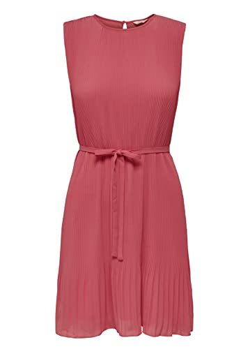 ONLY Damen Plissee Kleid mit Bindegürtel | Kurzes Midi Falten Dress | Ärmellos Locker Gerippt ONLPETUNIA, Farben:Coral, Größe:M von ONLYnoos