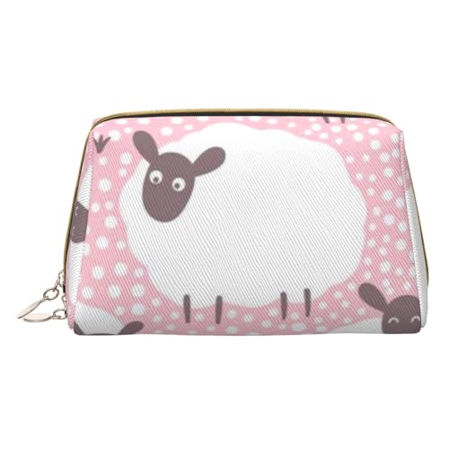 Make-up-Tasche, Kulturbeutel, großes Fassungsvermögen, weiches Leder, Motiv: weißes Schaf auf rosa Hintergrund, weiß, Einheitsgröße von ONNEXO