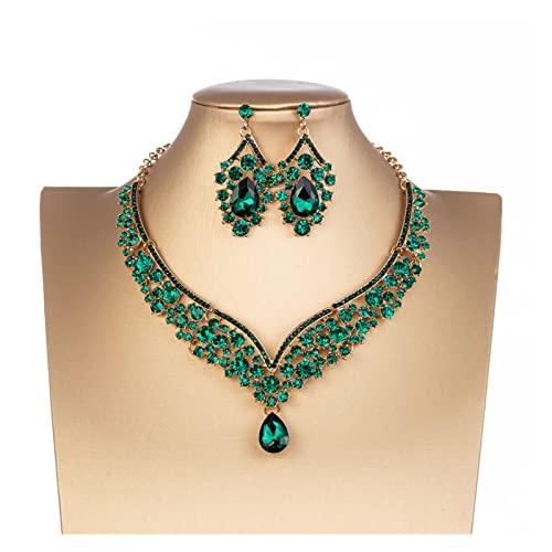 ONTENY Kristall Wassertropfen Brautschmuck Sets Strass Diademe Krone Halskette Ohrringe for Braut Hochzeit Dubai Schmuck Set (Color : 2Pcs Gold Green Set) von ONTENY