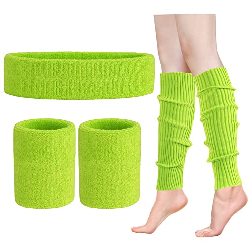 ONUPGO Beinlinge Set Damen 80er Neon Strick Beinlinge Stirnband Armbänder 1980er Jahre Workout Kostüme Zubehör für Frauen (Neon Green) von ONUPGO