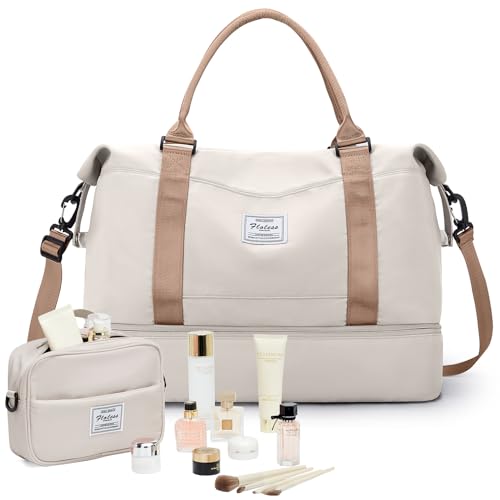 Reisetasche mit Schuhfach, Wochenendtasche für Damen, Reisen, Handgepäcktasche mit Trolleyhülle und Nassfach, Beige/Braun, Medium-set(travel Bag+toiletry Bag), Mittelgroßes Set (Reisetasche + von ONXTHIN