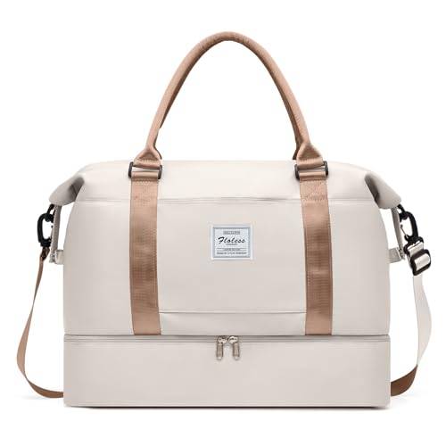 Reisetasche mit Schuhfach, Wochenendtasche für Damen, Reisen, Handgepäcktasche mit Trolleyhülle und Nassfach, Beige/Braun, Medium, Mittelgroße Reisetasche von ONXTHIN