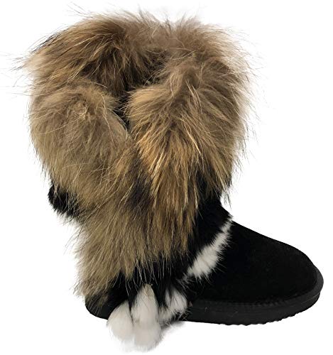 Boots Fell Pelz Langstiefeln echtes Leder Schuhe Winterstiefeln Boot Qualitätsschuhe (39 EU, Schwarz) von OOG