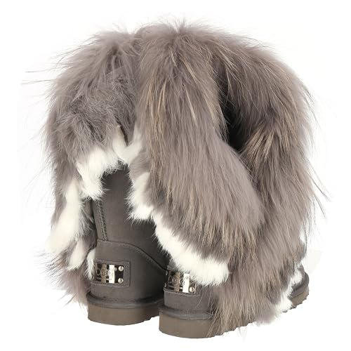 OOG Boots, Winterstiefel für kaltes Wetter für Frauen, Fell Pelz Langstiefeln echtes Leder Schuhe Winterstiefeln Boot, wasserdichte Schneeschuhe, ganztägiger Komfort, warm (8020 Grey, numeric_37) von OOG