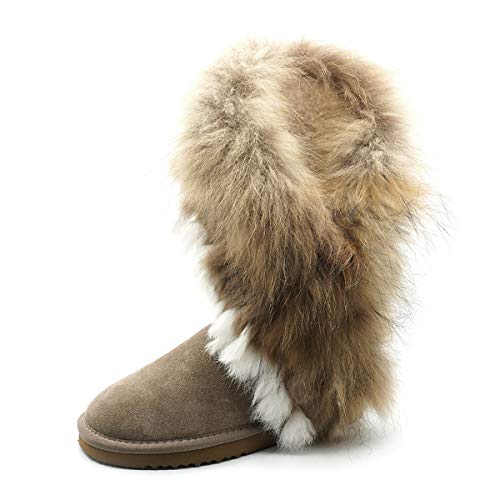 OOG Boots, Winterstiefel für kaltes Wetter für Frauen, Fell Pelz Langstiefeln echtes Leder Schuhe Winterstiefeln Boot, wasserdichte Schneeschuhe, ganztägiger Komfort, warm (Khaki, 37) von OOG