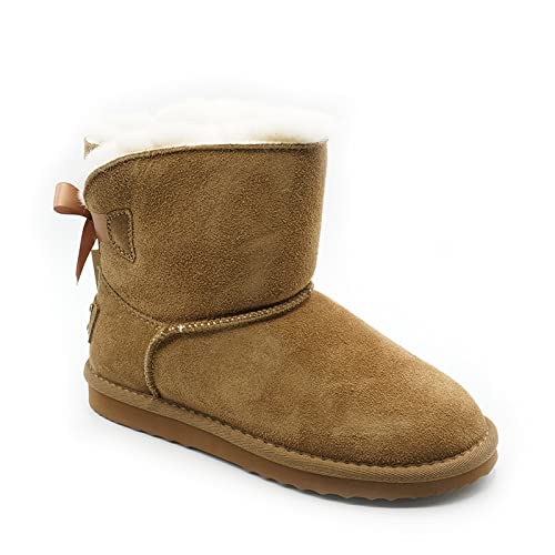 OOG Boots Damen 6 Zoll Premium Stiefel mit Schleife, Schneestiefel mit Echt-Leder, warme und Fell gefütterte Winterschuhe, rutschfeste, Flache und Kurze Stiefel in Camel 40 EU von OOG
