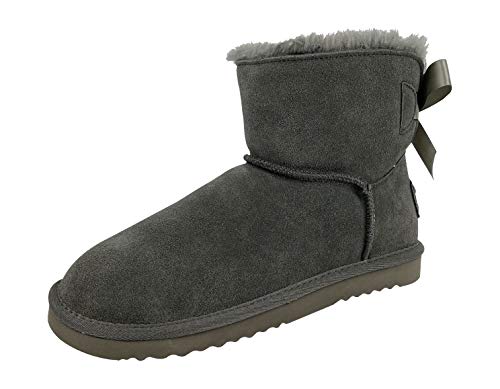 OOG Boots Damen 6 Zoll Premium Stiefel mit Schleife, Schneestiefel mit Echt-Leder, warme und Fell gefütterte Winterschuhe, rutschfeste, Flache und Kurze Stiefel in Grau 41 EU von OOG