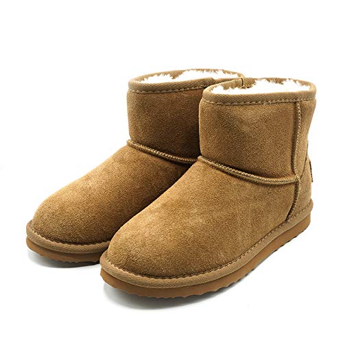 OOG Boots Damen Lederboots Stiefel Mini Boots, Schneestiefel echtes Leder, warme und Fell gefütterte Winterschuhe, rutschfeste, Flache, bequem und Kurze Stiefel (58541Camel, numeric_36) von OOG