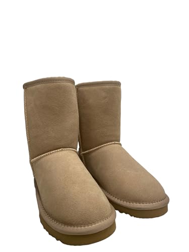 OOG Boots Damen Lederboots Stiefel mit Schleife, Bow, Schneestiefel echtes Leder, warme und Fell gefütterte Winterschuhe, rutschfeste, Flache, bequem und Kurze Stiefel (5825Beige, Numeric_36) von OOG