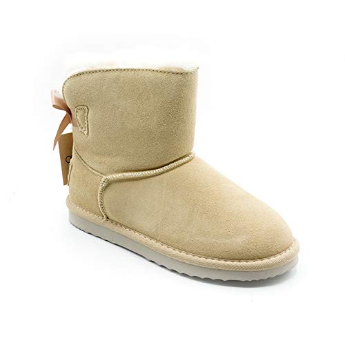 OOG Boots Damen Lederboots Stiefel mit Schleife, Bow, Schneestiefel echtes Leder, warme und Fell gefütterte Winterschuhe, rutschfeste, Flache, bequem und Kurze Stiefel (6166 Beige, Numeric_41) von OOG