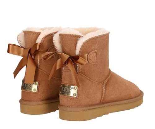 OOG Boots Damen Lederboots Stiefel mit Schleife, Bow, Schneestiefel echtes Leder, warme und Fell gefütterte Winterschuhe, rutschfeste, Flache, bequem und Kurze Stiefel (6166 Camel, numeric_39) von OOG
