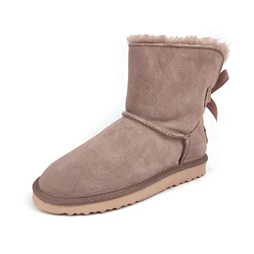 OOG Boots Damen Lederboots Stiefel mit Schleife, Bow, Schneestiefel echtes Leder, warme und Fell gefütterte Winterschuhe, rutschfeste, Flache, bequem und Kurze Stiefel (6166 Flamingo Hell, numeric_39) von OOG