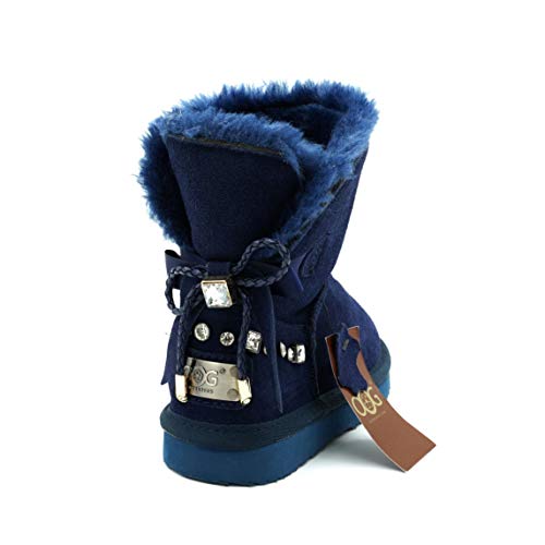 OOG Boots Leder Kinder Mädchen Schuh Stiefel Schleife Strassstein Winterstiefel (Blau, Numeric_33) von OOG