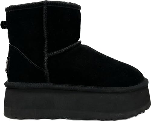 OOG Boots hoher Absatz Platform echtes Leder Lammfell Futter Schuh Winterstiefel Plateau (Schwarz, EU Schuhgrößensystem, Erwachsene, Damen, Numerisch, M, 39) von OOG