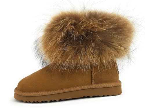 OOG Damen Leder Schlupfstiefel Winter Boots Schneestiefel Outdoor rutschfest Winterschuhe Warm Gefüttert (0541Camel, Numeric_37) von OOG