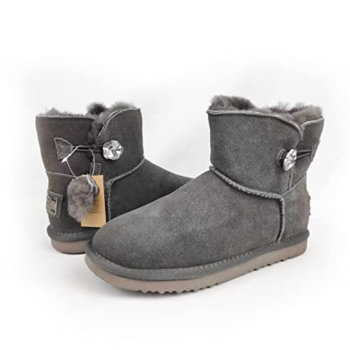OOG Damen Lederboots Diamonten Knopf Echtes Leder Boots Winterboots Lederstiefel warm gefüttert Teddyfutter (Grey, numeric_41) von OOG