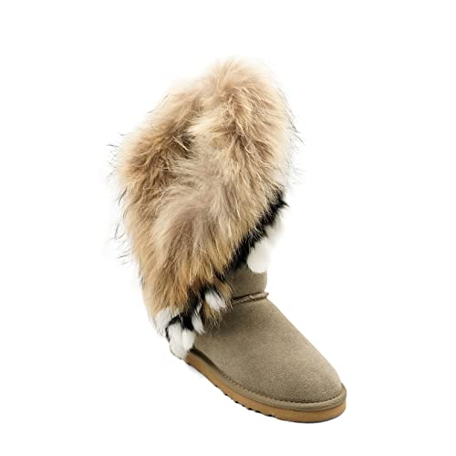 OOG Indianer Leder Boots, Winterstiefel für kaltes Wetter, Fell Pelz Langstiefeln echtes Leder Schuhe Winterstiefeln Boot, wasserdichte Schneeschuhe, warm (8018Khaki-Black, numeric_41) von OOG