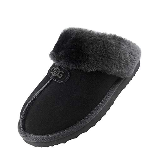 OOG Damen Winter warme Hausschuhe, Pantoffeln mit Echt-Leder (Black, Numeric_39) von OOG