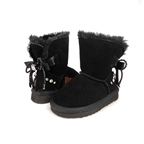 OOG Kinder Boots aus Echt-Leder, Wildlederstiefel mit kuscheligem Kunstfell, Mädchen, Schlupfstiefel mit Schleife, Winter Schneeschuhe in Flamingo Rosa 24 EU (0691Black, numeric_33) von OOG
