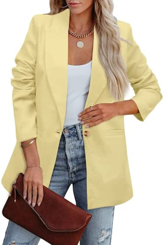 Damen-Blazer, lässig, offene Vorderseite, Anzugjacken, langärmelig, Business, Arbeit, Büro, Knopfleiste, mit Taschen, gelb, 40 von OOGUDE