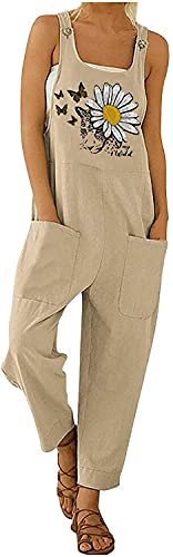 Damen-Jumpsuit, lässiger Straps-Jumpsuit, Sommer, Blumenmuster, lockere Beine, Overall, Latzhose, Übergröße, Baggy, lang, Haremshose mit Tasche, khaki, 48 von OOGUDE