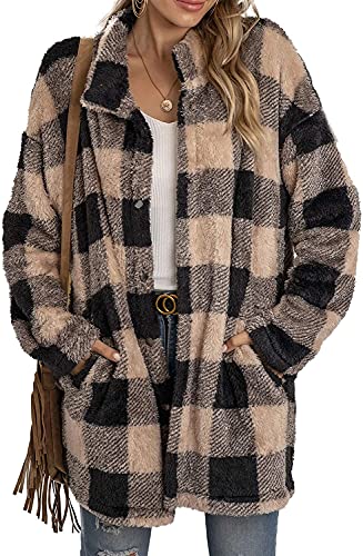 Damen Kariert Jacke Knöpfe Übergang Kurz Langarm Warm Shirts E-Girl Style Y2K Boyfriend Herbst Tops mit Taschen, khaki, 46 von OOGUDE