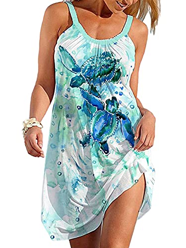 Damen Strandkleid Sommer ärmellos Damen Beachwear Bikini Badeanzug Cover Up Mini Strappy Kleider Urlaub Party Sommerkleid, Meeresschildkröte bedruckt, XXXXXL von OOGUDE