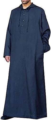 Herren Ethnische Bademäntel lockere Passform Nachtwäsche Hoodie Kaftan Casual Locker Sommer Frühling mit Tasche Lounge Kleidung Männer Kapuze (dunkelblau, XXL) von OOGUDE