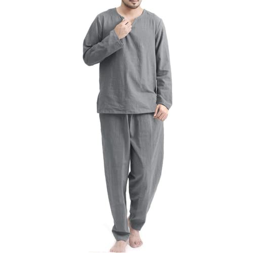 Herren Pyjama Sets Baumwolle Leinen 2 Stück Lounge Anzüge Langarm Henley Hemd und Casual Strand Pants Outfits, grau, L von OOGUDE