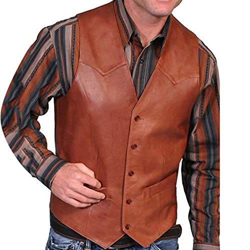 Herren Weste Kunstleder Vintage Klassischer V-Ausschnitt Weste Knopfleiste Cowboy Taille Mantel, braun, XXXXL von OOGUDE