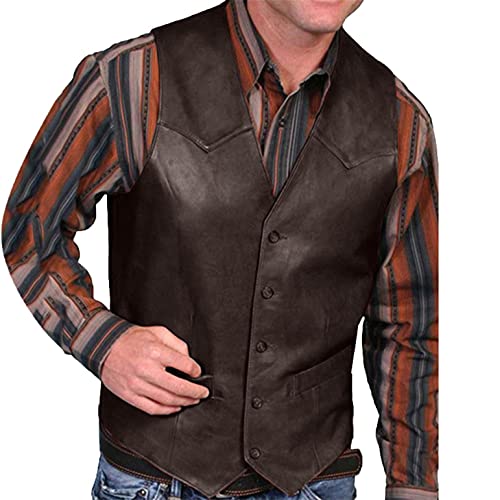 Herren Weste Kunstleder Vintage Klassischer V-Ausschnitt Weste Knopfleiste Cowboy Taille Mantel, rot, XXXL von OOGUDE