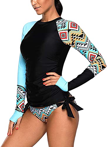 OOGUDE Damen 2-teiliger Badeanzug Tankini Set Langarm Schwimmshirts Rash Guard Surfen Neoprenanzug UV Rashguard Tops und Slip, blau, XL von OOGUDE