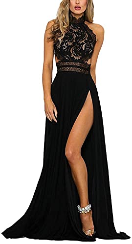 OOGUDE Damen Abendkleider Neckholder Ärmellos Maxi Cocktail Party Kleid Rückenfrei Durchsichtig Hoher Schlitz Formell Lange Kleider, Schwarz , S von OOGUDE