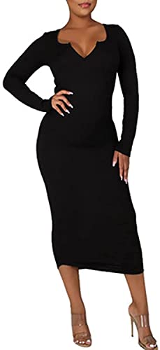 OOGUDE Cocktailkleid für Damen, langärmelig, schmal, V-Ausschnitt, figurbetont, lässig, einfarbig, Stretch-Kleider, Schwarz , X-Large von OOGUDE