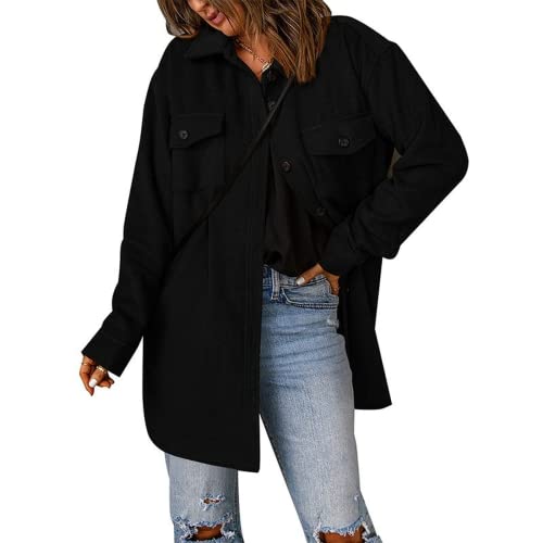 OOGUDE Damen Cordjacke, lässig, einfarbig, Knopfleiste, langärmelig, Hemd, Mantel mit Taschen, Schwarz , 50 von OOGUDE