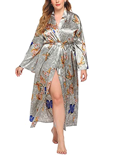 OOGUDE Damen Morgenmantel Robe Pyjama Bademantel Kimono Nachthemd Floral Printed Nightwear Waistband Nightdresses Plus Size, hellgrau, 52 von OOGUDE